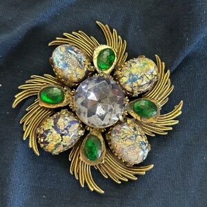 Florenza Opulent Brooch, Green/Purple Glass, AB Rhinestones Vintage Mid Century